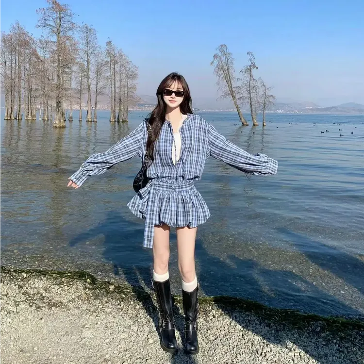 韩系穿搭套装女2025春季宽松气质格纹衬衫长袖上衣显瘦花苞裙裤