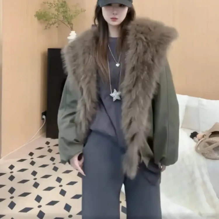 法式纯色宽松型V领可拆卸短款气质秋冬女装狐狸毛外套