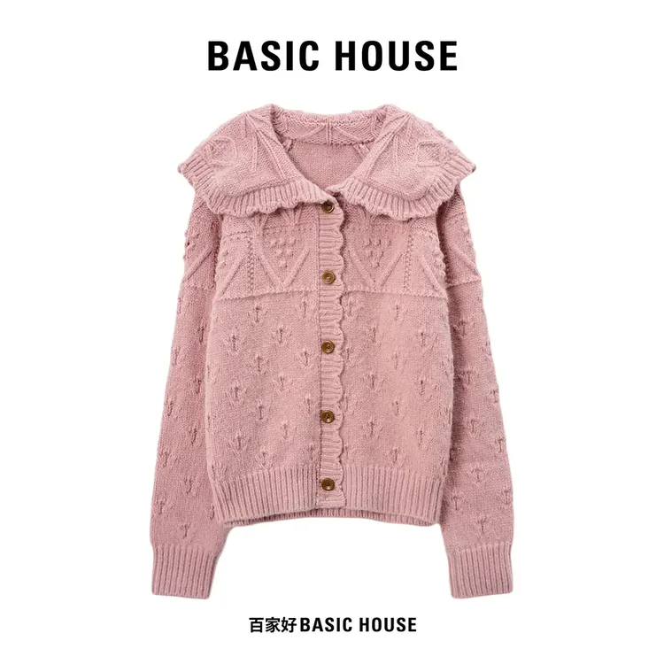 Basic House/百家好2025秋冬新款森系波浪边翻领小香风针织开衫