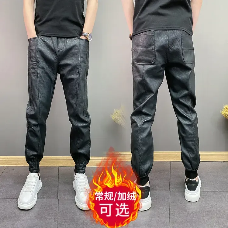 秋冬季加绒PU皮裤男士外卖代驾防水防风修身束裤休闲百搭九分裤