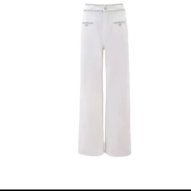 张冰冰定制白色重工链条小香风新款时尚洋气百搭女装直筒牛仔裤子