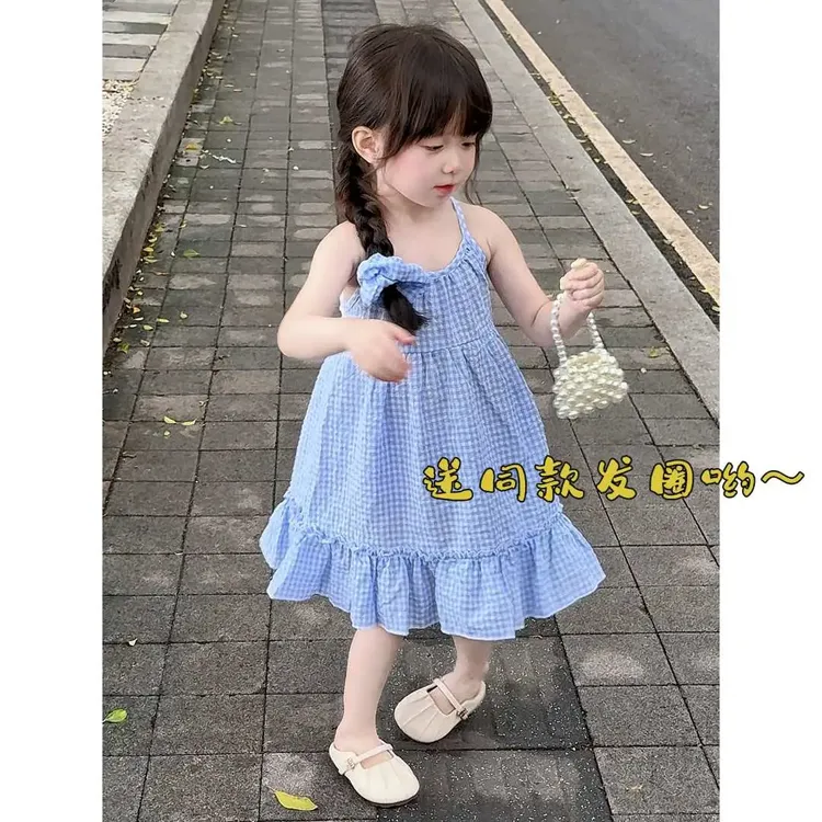 [带发圈两件套]女童夏季海边度假风蕾丝花边露背吊带裙连衣裙