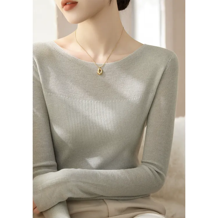 2025秋冬新款浅灰米修身内搭打底上衣长袖针织衫女法式一字领毛衣