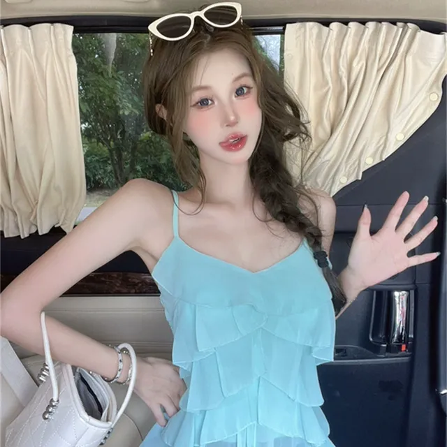 多巴胺薄荷绿荷叶边吊带背心女外穿夏季泰式甜辣妹抹胸小上衣绝美