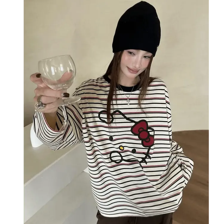 秋季新款休闲内搭打底衫上衣撞色条纹宽松长袖t恤女生韩系ins衣服