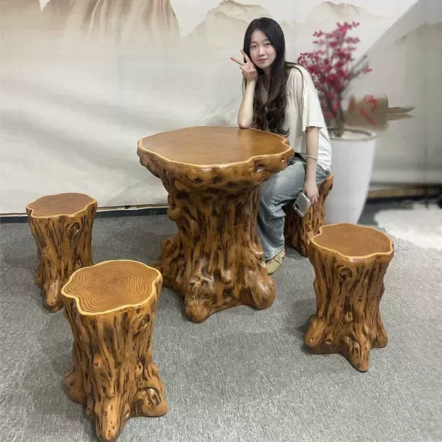 仿木根雕户外桌椅阳台小圆桌室外别墅民宿休闲小茶桌露天防水防晒