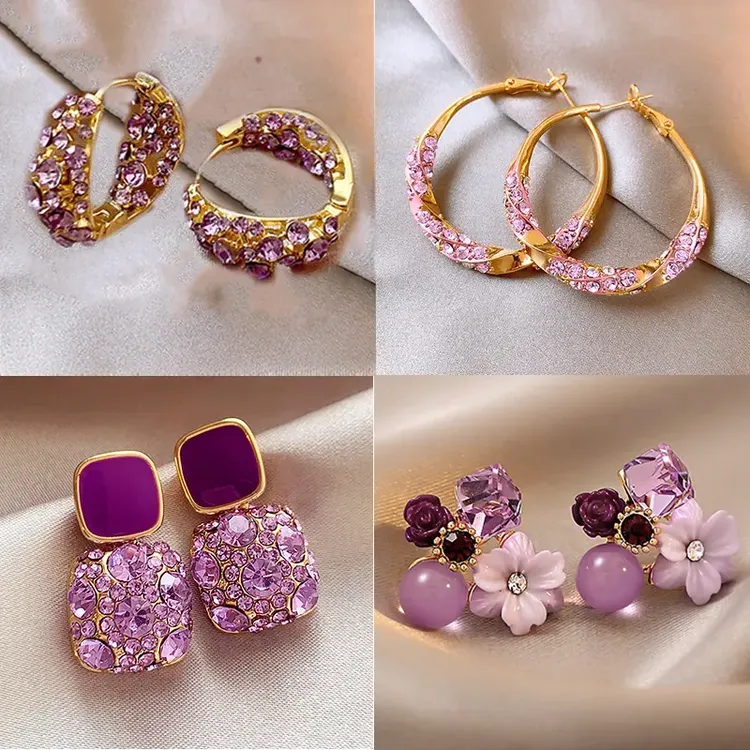 合金耳饰2024新款潮大气紫色满钻圈圈耳环百搭个性小众