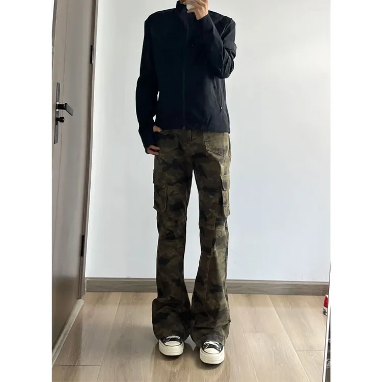 美式复古微喇迷彩裤男款窄版直筒弯刀高街vibe裤子做旧工装牛仔裤