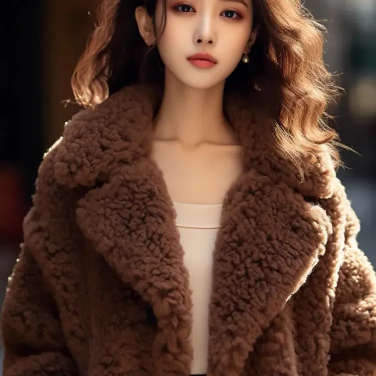 棕色摇粒绒羊羔毛名媛风长款毛呢外套秋冬高级感女装