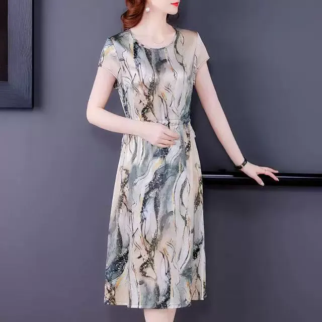 夏季新款妈妈系带裙杭州丝绸印花桑蚕丝长裙子收腰显瘦真丝连衣裙