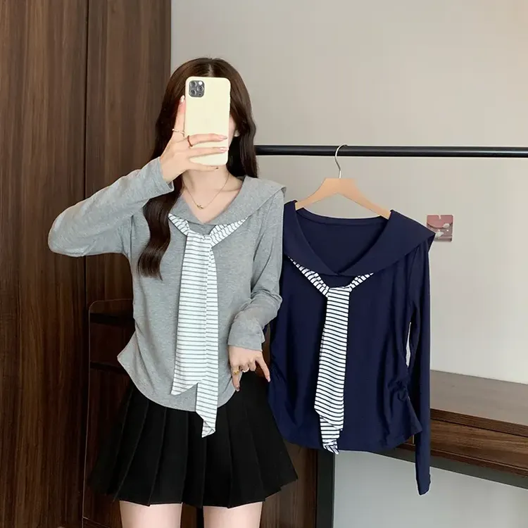 2025秋款胖mm大码女韩系减龄海军领条纹绑带显瘦长袖上衣
