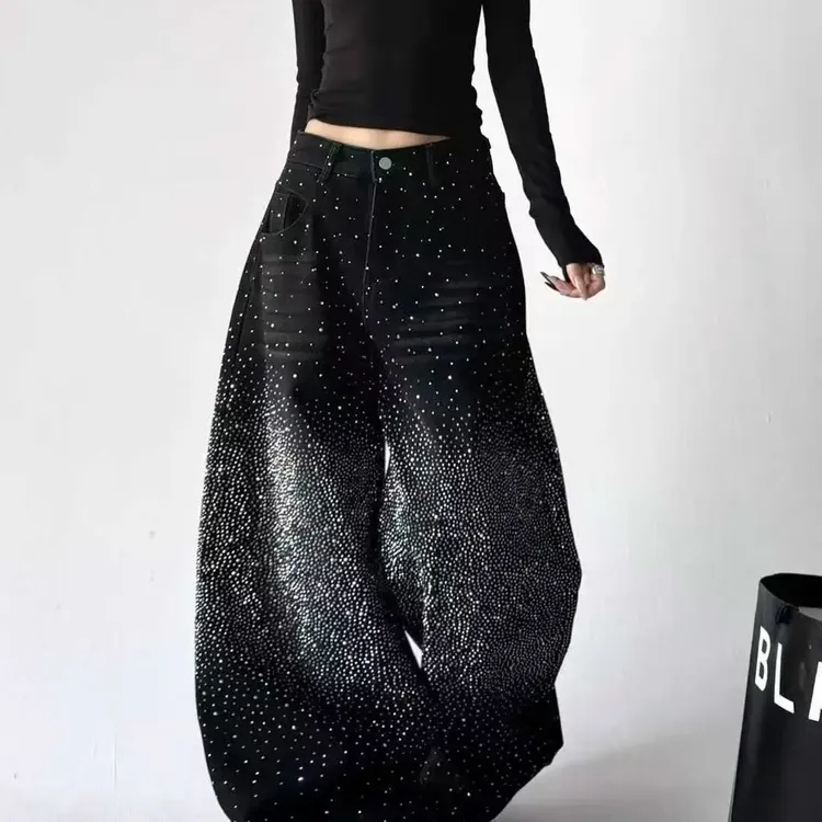 秋冬新款三万6千烫钻爆闪宽松显瘦阔腿牛仔裤