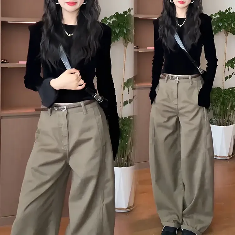 韩版休闲时尚套装春秋2025新款修身黑色长袖T恤阔腿裤两件套