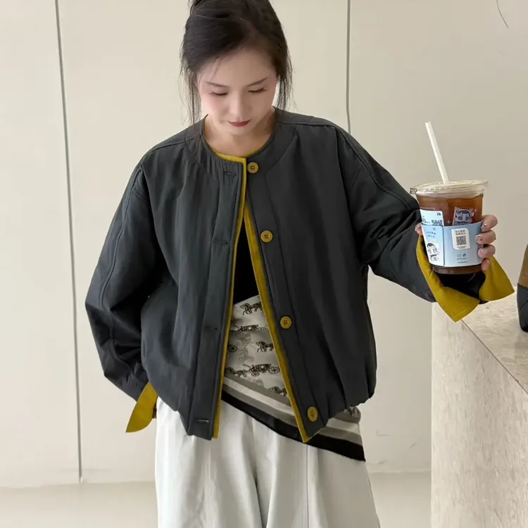 娜娜家圆领撞色单排扣设计感棉服外套秋季新款7929