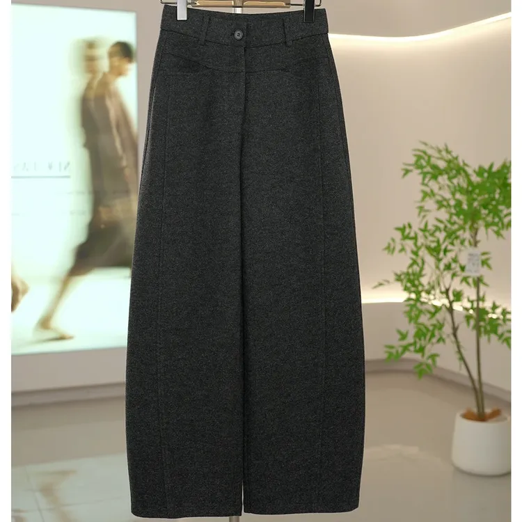 雪花羊毛香蕉裤高腰显瘦大口袋羊毛呢加绒加厚长裤弯刀裤