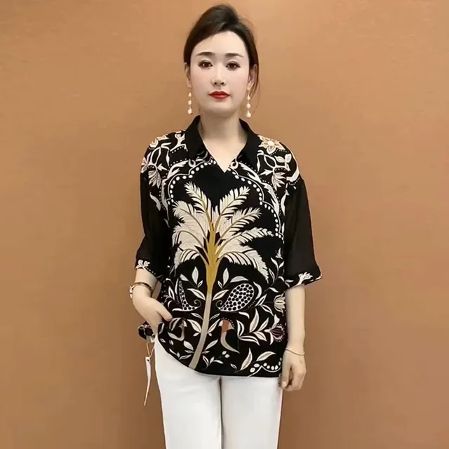 2023夏季中老年妈妈真丝翻领衬衫宽松大码200斤洋气遮肚子桑蚕丝