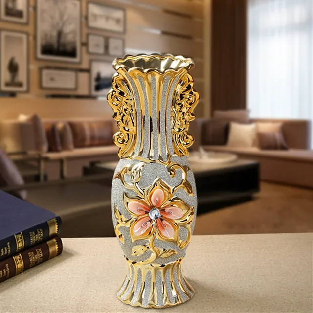 欧式陶瓷金色花瓶摆件客厅插花干花装饰酒柜工艺品婚庆礼品电视柜