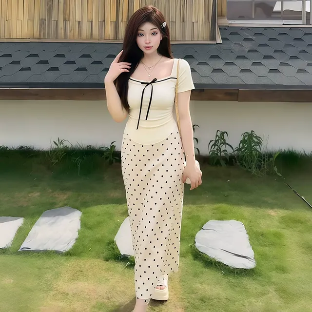 大码女装法式纯欲风蝴蝶系带T恤2025夏季微胖mm显瘦半身裙两件套