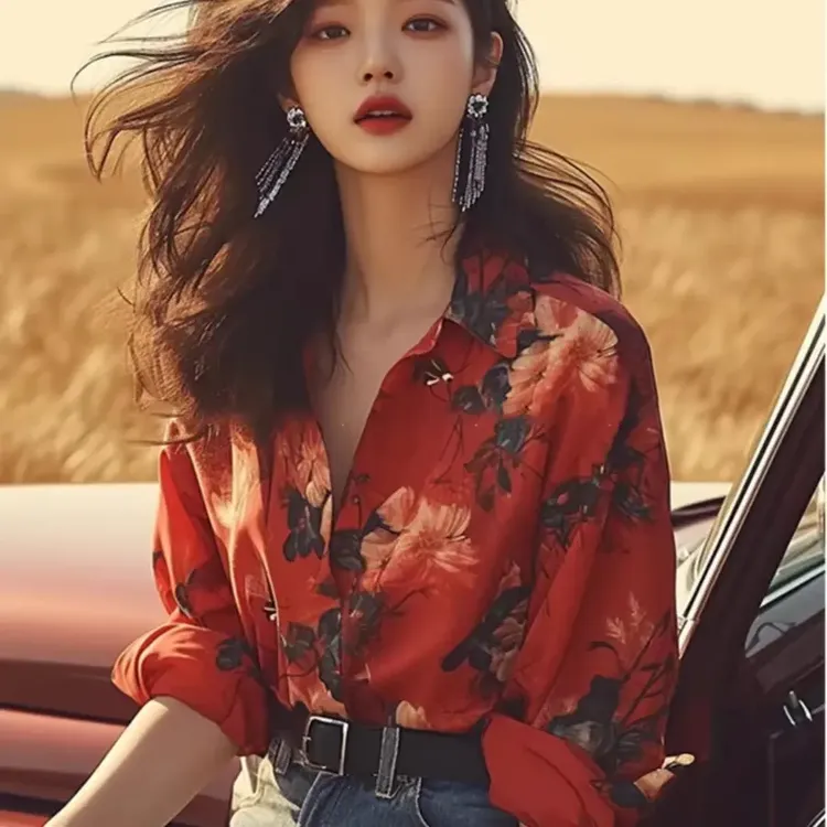 今年流行2025新款轻熟法式红色印花上衣小众设计潮流女装推荐