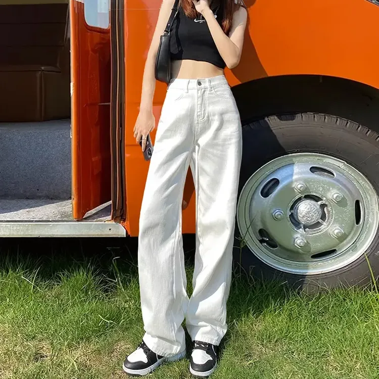 白色窄版阔腿牛仔裤女2025年新款高腰秋装小个子直筒爆款裤子裤子