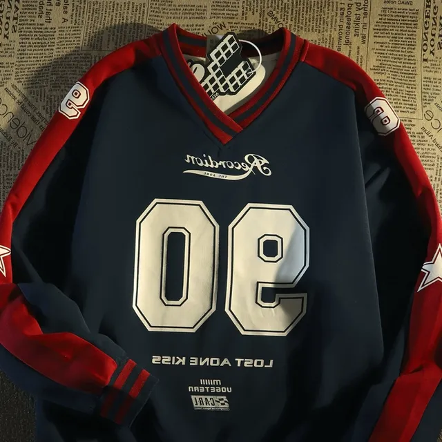 美式复古撞色V领卫衣男春秋潮牌拼色长袖球衣风运动oversize上衣