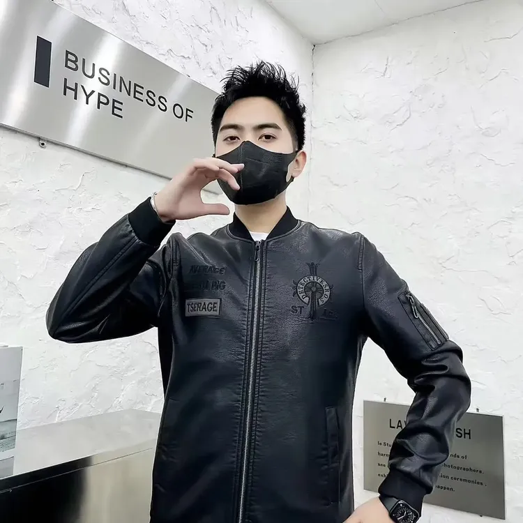 【加绒皮衣】新款加绒皮夹克外套长袖圆领男棒球服工装PU皮衣761