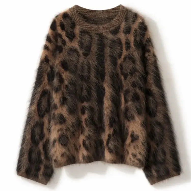 【粤大熹-拉绒】豹纹圆领女 100 山羊绒衫宽松新款时尚