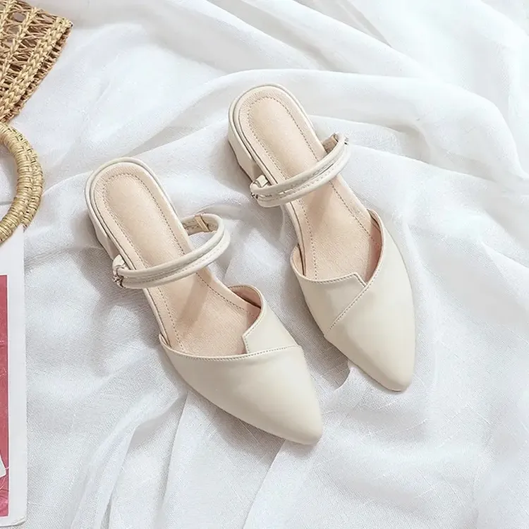 全皮特价爆款包凉鞋女款夏季外穿女士配裙子气质粗跟尖半拖鞋厚底