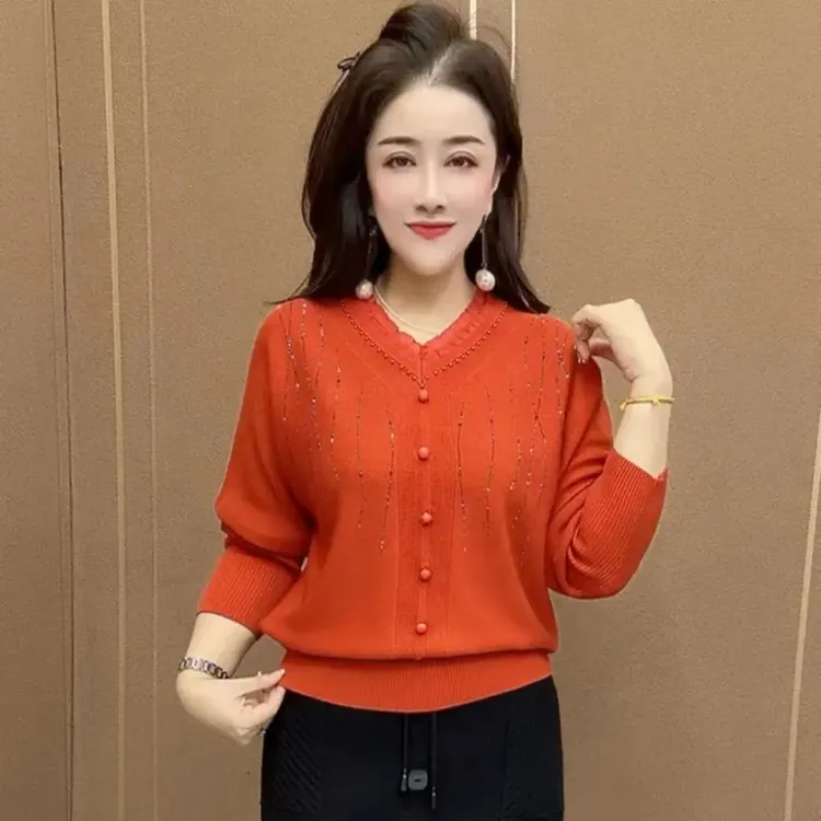 时尚气质显瘦V领烫钻冰丝针织衫春秋洋气百搭长袖上衣小衫