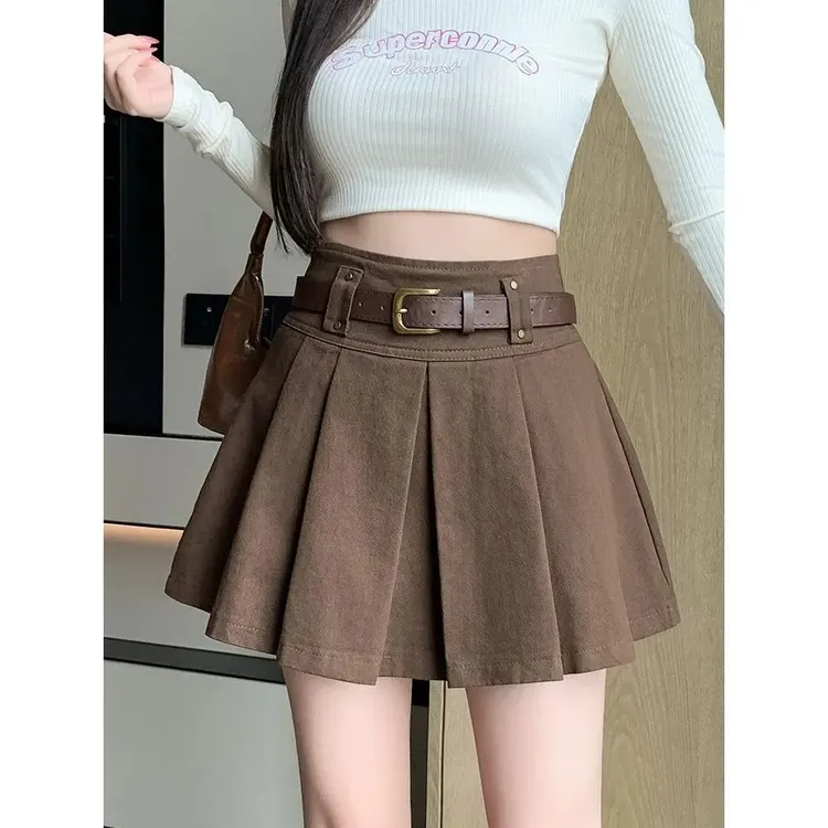 棕色咖啡百褶裙女士秋冬2025新款抗暴露高腰a字裙，小个子短裙春