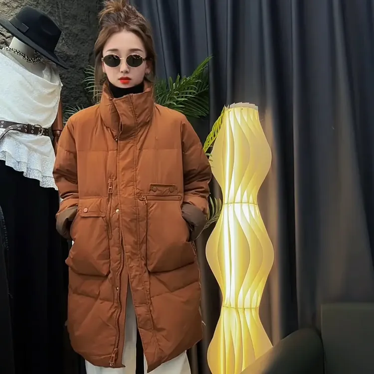 宽松版羽绒服 111极简风纯色韩版长款时尚立领中长款拉链