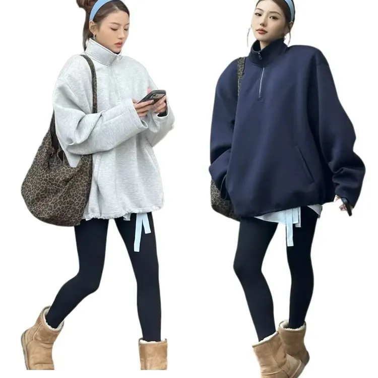 2025东大门宽松纯色套头藏蓝与灰超质感保暖外穿运动卫衣
