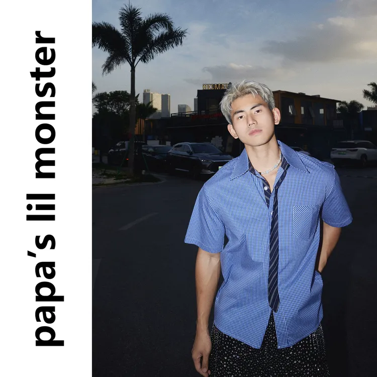 PAPASLILMONSTER美式复古短袖假领带衬衫高级感痞帅蓝色格子衬衣