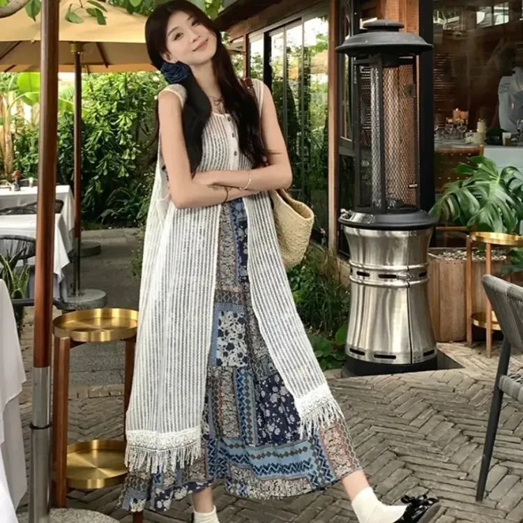 波西米亚风镂空叠穿吊带连衣裙女夏季度假宽松显瘦流苏罩衫裙开衫