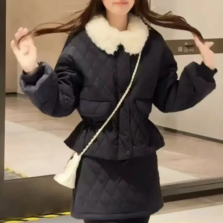 菱格毛领短款收腰小香风棉服搭配半身裙套装