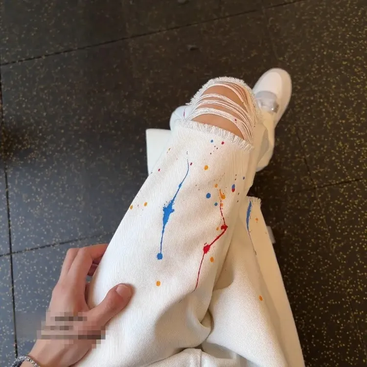 美式高街潮牌泼墨破洞阔腿牛仔裤男2025新款个性炸街宽松直筒长裤