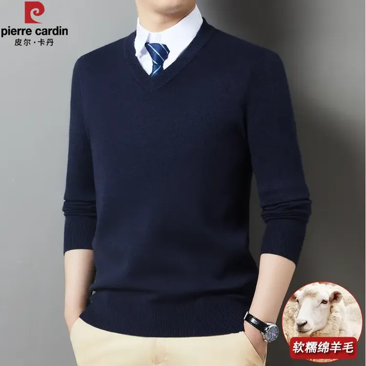 皮尔卡丹高档纯羊毛衫男V领冬加厚商务休闲鸡心领毛衣羊绒打底衫
