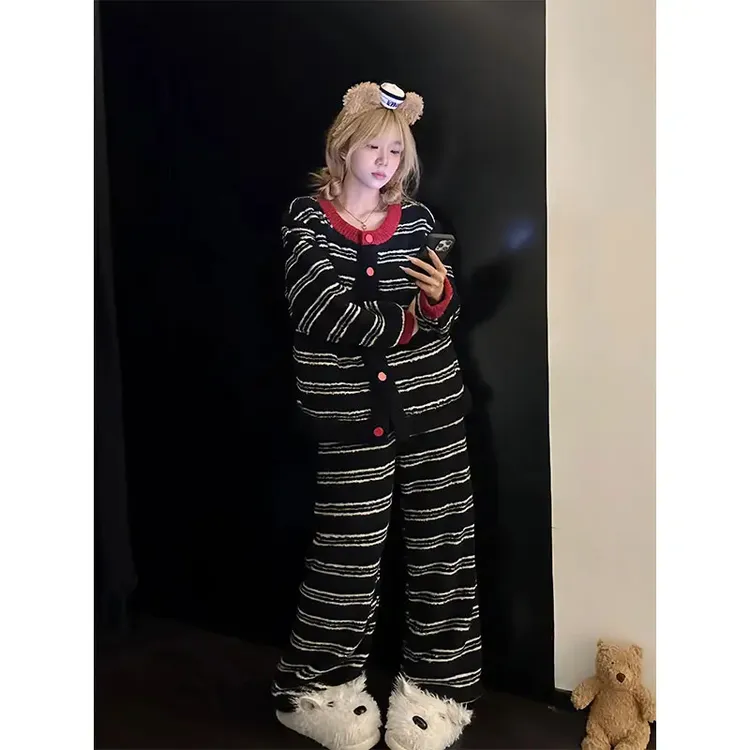 韩系撞色条纹简约半边绒睡衣女冬季开衫加绒保暖家居服套装可外穿