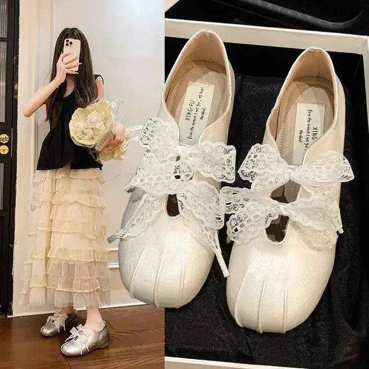 内增高单鞋2025年夏季新款百搭仙女风蕾丝带小皮鞋平底蝴蝶结女鞋
