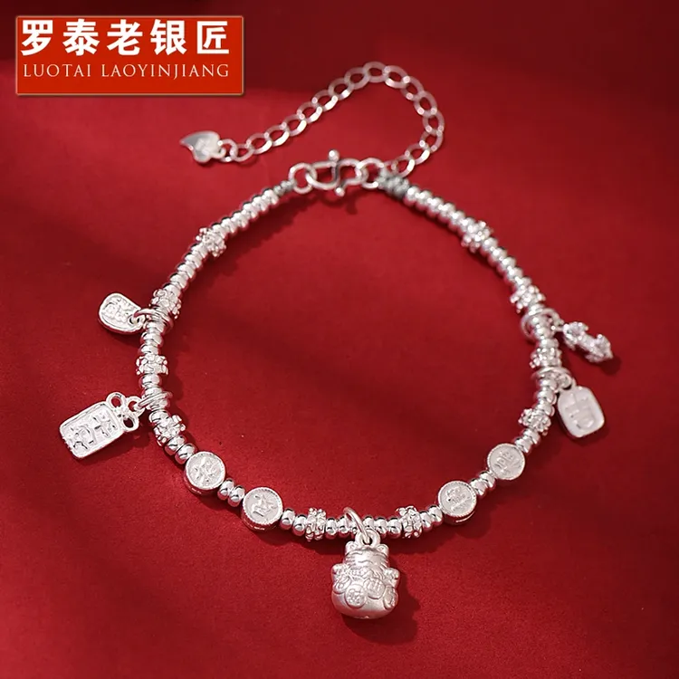 罗泰老银匠 足银手链 999纯银小猫盘缠手链女款轻奢小众多宝手串