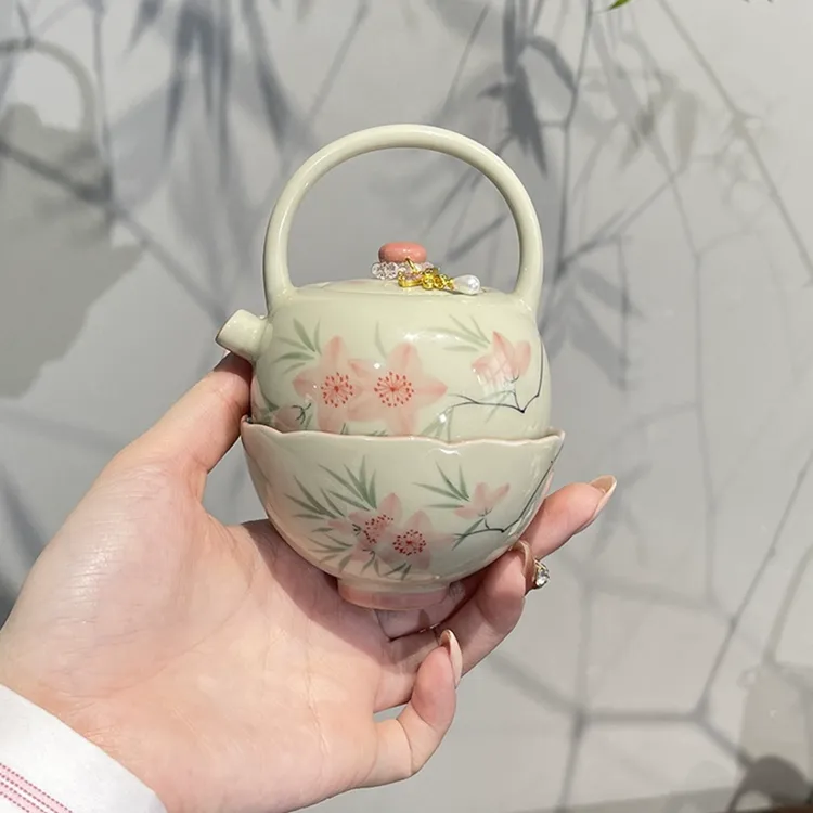 惊蛰 冰台色釉下彩手绘桃花茶壶主人杯功夫茶具陶瓷泡茶杯一人饮