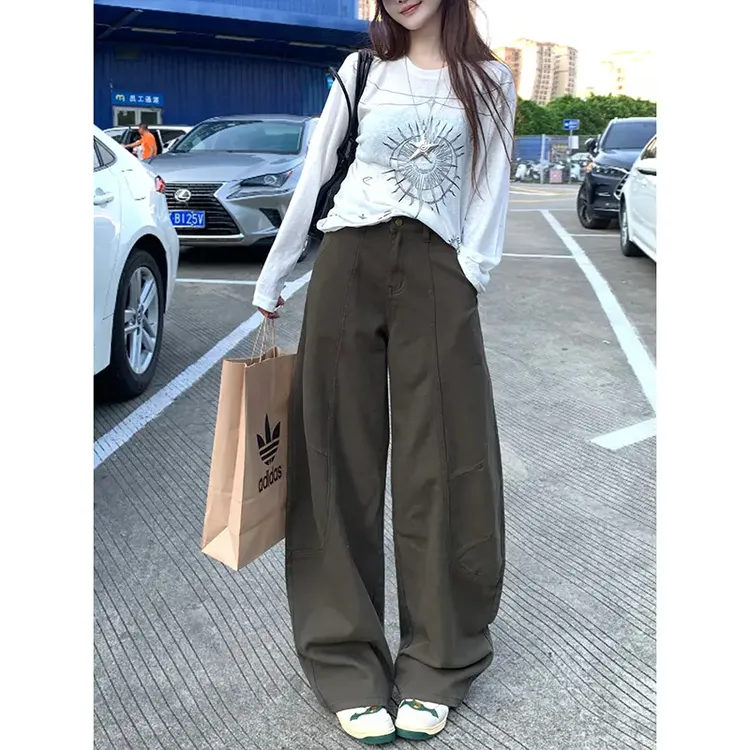 美式复古弯刀阔腿裤女2025年秋季新款高腰宽松显瘦休闲拖地长裤子