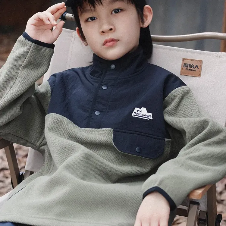 男童撞色加绒卫衣洋气儿童冬季半开领套头宽松保暖长袖加厚上衣