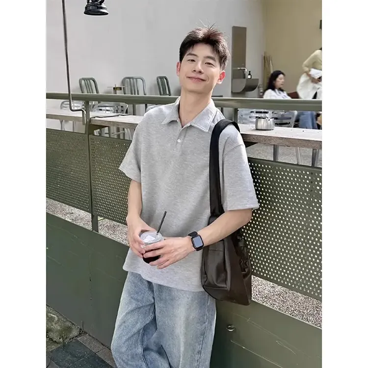 花灰色短袖男款polo衫夏季少年感穿搭正肩翻领T恤美式重磅五分袖