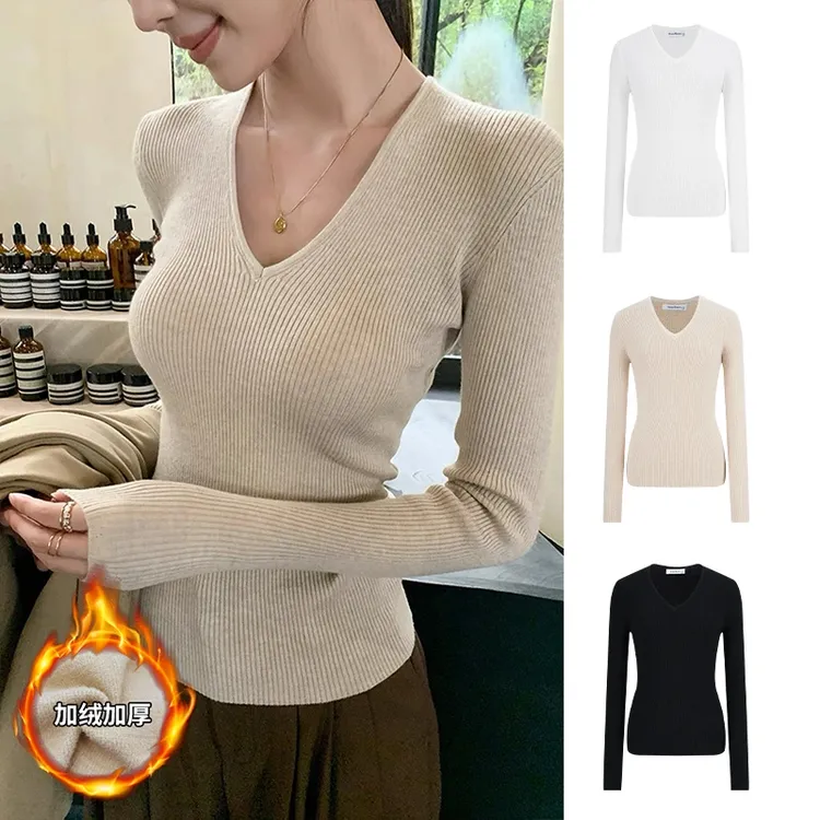 MosesQueen/魔西女王纯欲V领正肩T恤针织修身显瘦打底上衣