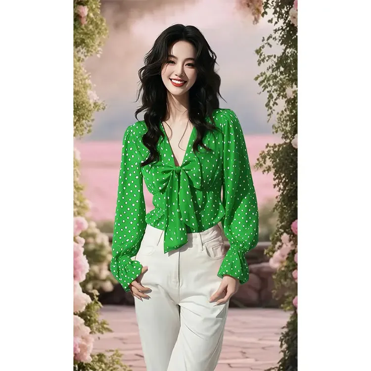 2025年爆款小衫法式高级感绿色V领蝴蝶结系带喇叭袖衬衫女春