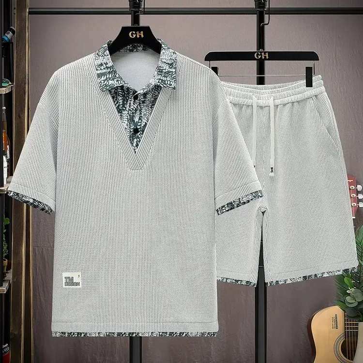 青少年套装时尚帅气休闲格子宽松韩版大码男士运动轻奢百搭夏季