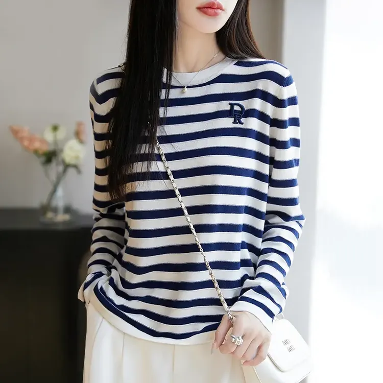 【蚕丝羊毛】16针针织DR条纹拼色打底衫女圆领宽松显瘦百搭春夏新款