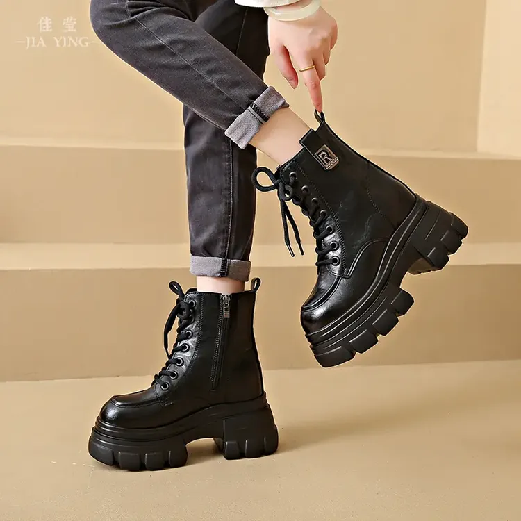 牛皮小个子增高10厚底马丁靴女2025秋冬新款时尚百搭短靴瘦瘦靴