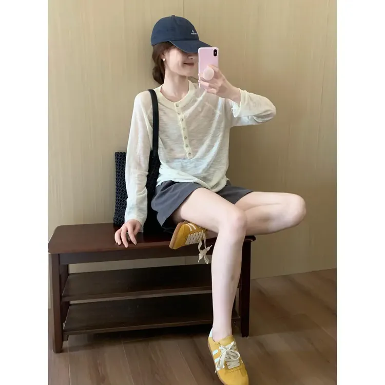 夏季洋气衣服女高级感小众杏色T恤针织衫长袖上衣防晒衫显瘦裤子